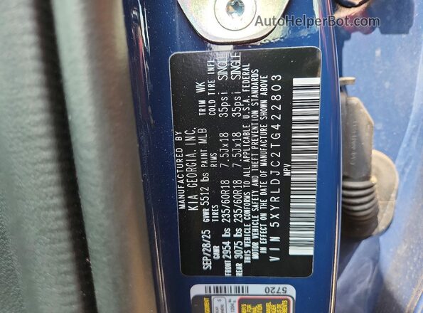 5XYRLDJC2TG422803 2026 KIA SORENTO Blue Вид наклейки з VIN-кодом