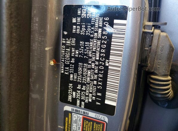 5XYRLDJC3RG258406 2024 KIA SORENTO Silver Widok naklejki z numerem VIN