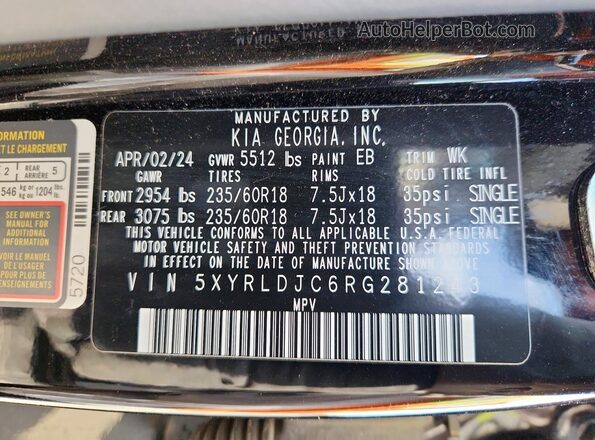 5XYRLDJC6RG281243 2024 KIA SORENTO Black Vista de la etiqueta del VIN