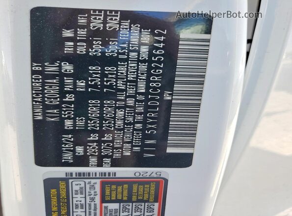 5XYRLDJC8RG256442 2024 KIA SORENTO White Vista de la etiqueta del VIN