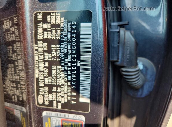 5XYRLDLC3MG004149 2021 KIA SORENTO Gray VIN კოდის სტიკერის ხედი