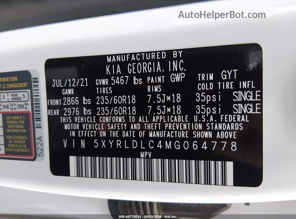 5XYRLDLC4MG064778 2021 KIA SORENTO White Widok komory silnika