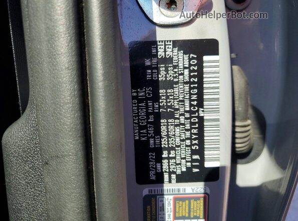 5XYRLDLC4NG121207 2022 KIA SORENTO Gray Vista de la etiqueta del VIN