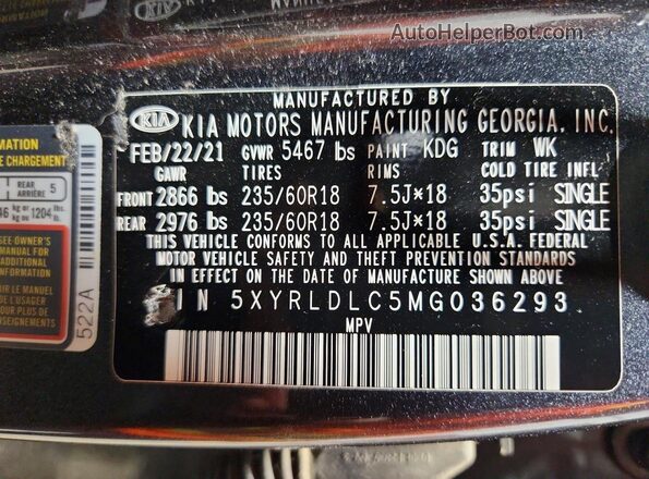 5XYRLDLC5MG036293 2021 KIA SORENTO Серый Вид наклейки с VIN-кодом