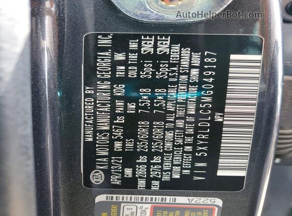 5XYRLDLC5MG049187 2021 KIA SORENTO Угольный Вид наклейки с VIN-кодом