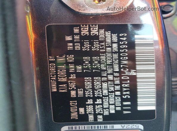 5XYRLDLC7MG059543 2021 KIA SORENTO Gray VIN sticker view