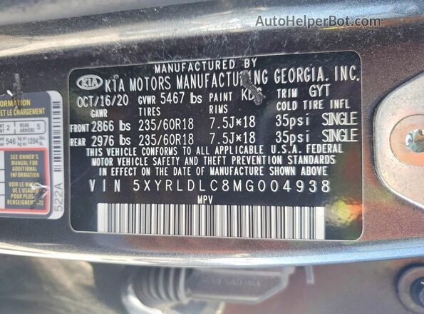 5XYRLDLC8MG004938 2021 KIA SORENTO Gray Widok naklejki z numerem VIN