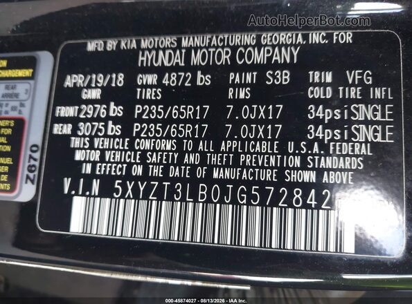 5XYZT3LB0JG572842 2018 HYUNDAI SANTA FE SPORT Black Widok komory silnika