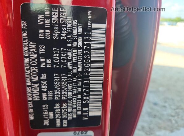 5XYZT3LB2GG327131 2016 HYUNDAI SANTA Red VIN sticker view
