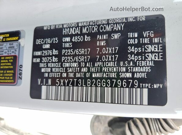 5XYZT3LB2GG379679 2016 HYUNDAI SANTA White Vista de la etiqueta del VIN