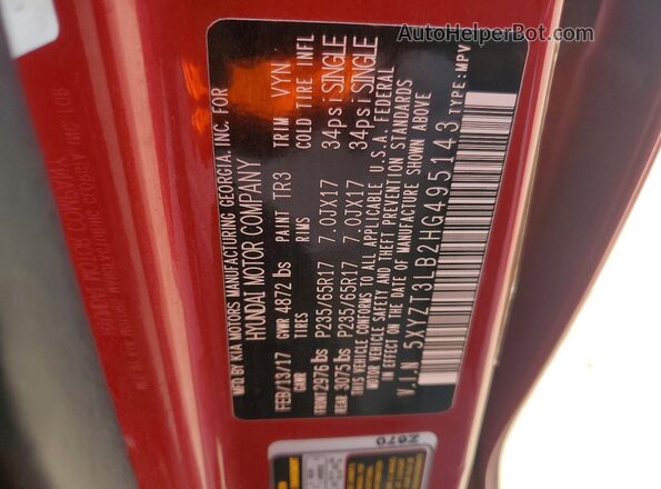 5XYZT3LB2HG495143 2017 HYUNDAI SANTA Burgundy Widok naklejki z numerem VIN