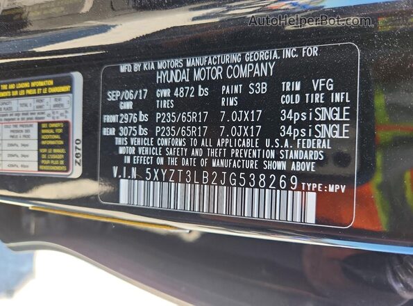 5XYZT3LB2JG538269 2018 HYUNDAI SANTA Black VIN კოდის სტიკერის ხედი
