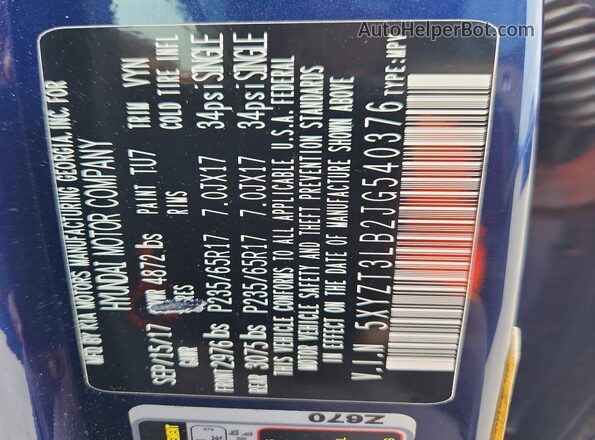5XYZT3LB2JG540376 2018 HYUNDAI SANTA Blue Вид наклейки з VIN-кодом
