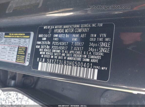 5XYZT3LB3HG500401 2017 HYUNDAI SANTA FE SPORT Gray Widok komory silnika