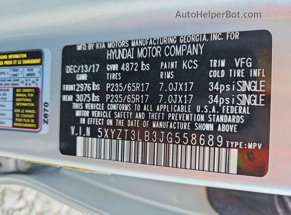 5XYZT3LB3JG558689 2018 HYUNDAI SANTA Silver Widok naklejki z numerem VIN