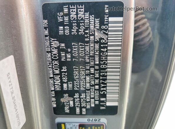 5XYZT3LB5HG418928 2017 HYUNDAI SANTA Gray Widok naklejki z numerem VIN