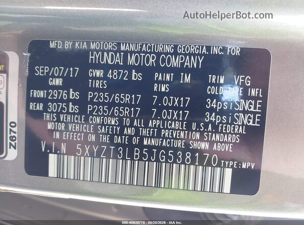 5XYZT3LB5JG538170 2018 HYUNDAI SANTA FE SPORT Gray ძრავის განყოფილების ხედი