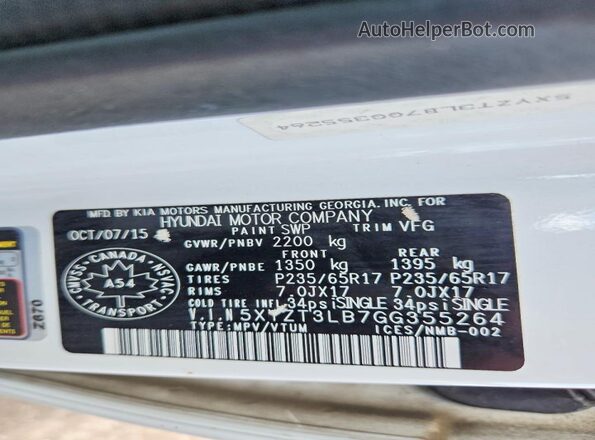 5XYZT3LB7GG355264 2016 HYUNDAI SANTA White VIN კოდის სტიკერის ხედი