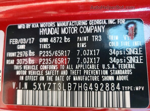 5XYZT3LB7HG492884 2017 HYUNDAI SANTA Красный Вид наклейки с VIN-кодом
