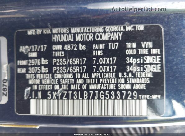 5XYZT3LB7JG533729 2018 HYUNDAI SANTA FE SPORT Blue Widok komory silnika