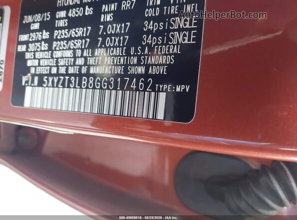 5XYZT3LB8GG317462 2016 HYUNDAI SANTA FE SPORT Orange ძრავის განყოფილების ხედი