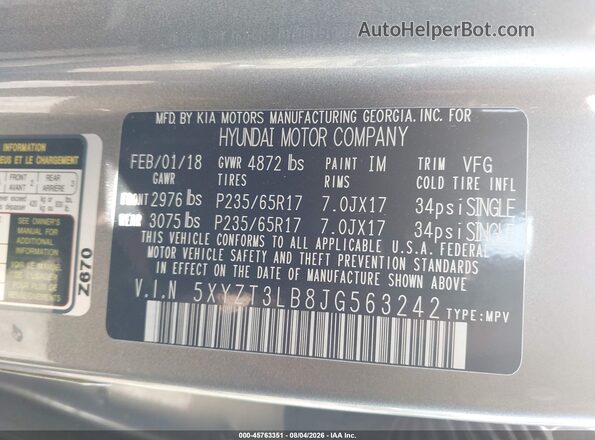 5XYZT3LB8JG563242 2018 HYUNDAI SANTA FE SPORT Серый Вид подкапотного пространства