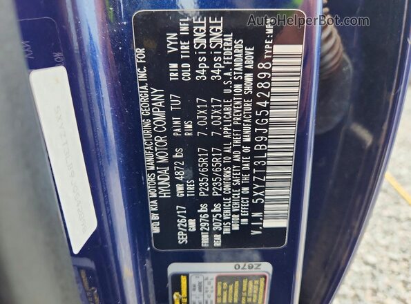 5XYZT3LB9JG542898 2018 HYUNDAI SANTA Blue VIN կոդի պիտակի տեսք