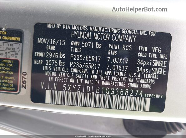 5XYZTDLB1GG368274 2016 HYUNDAI SANTA FE SPORT Silver Vista del compartimento del motor