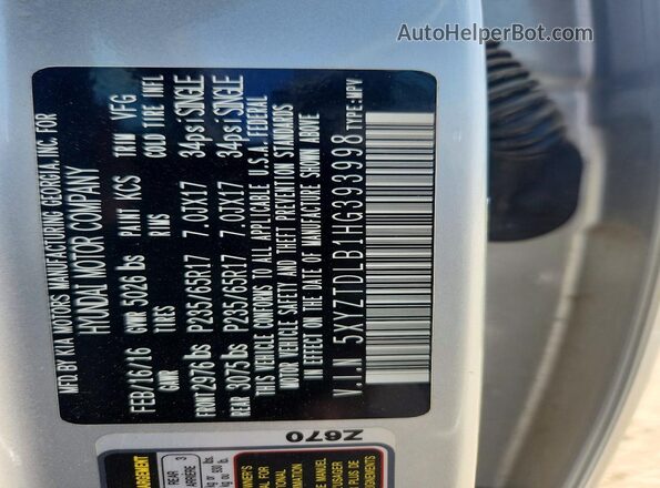 5XYZTDLB1HG393998 2017 HYUNDAI SANTA Silver Widok naklejki z numerem VIN