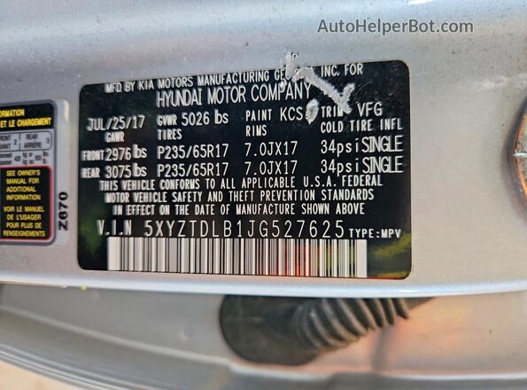 5XYZTDLB1JG527625 2018 HYUNDAI SANTA Silver 