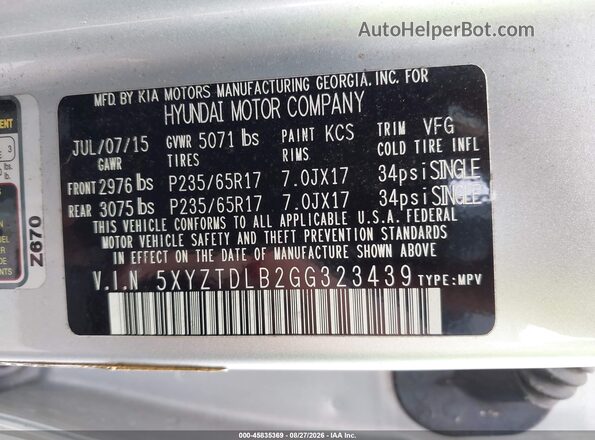 5XYZTDLB2GG323439 2016 HYUNDAI SANTA FE SPORT Silver Вид підкапотного простору