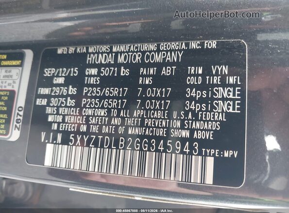 5XYZTDLB2GG345943 2016 HYUNDAI SANTA FE SPORT Серый Вид подкапотного пространства