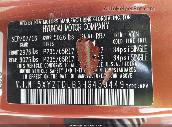 5XYZTDLB3HG459449 2017 HYUNDAI SANTA FE SPORT Orange Вид підкапотного простору