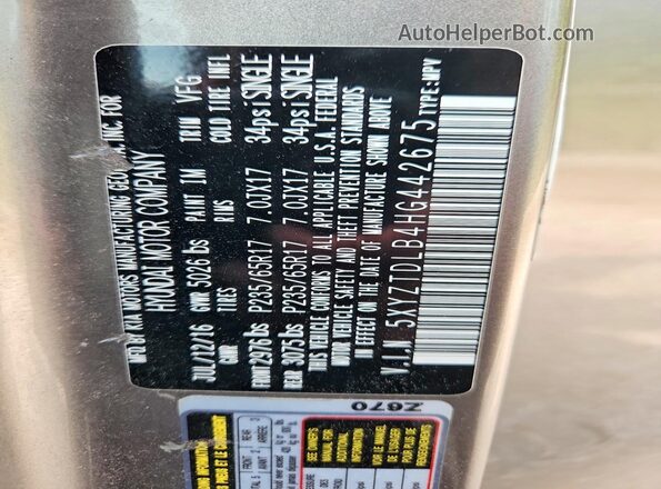 5XYZTDLB4HG442675 2017 HYUNDAI SANTA Silver VIN კოდის სტიკერის ხედი
