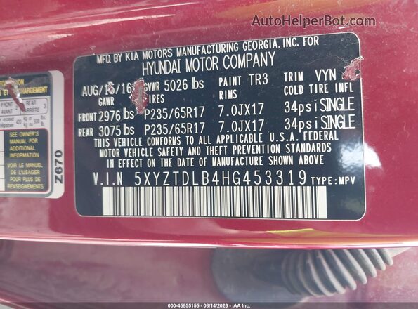 5XYZTDLB4HG453319 2017 HYUNDAI SANTA FE SPORT Red Widok komory silnika