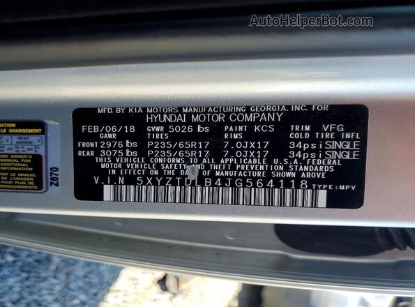 5XYZTDLB4JG564118 2018 HYUNDAI SANTA Silver Вид наклейки з VIN-кодом