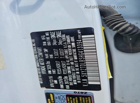5XYZTDLB5HG413394 2017 HYUNDAI SANTA White Vista de la etiqueta del VIN