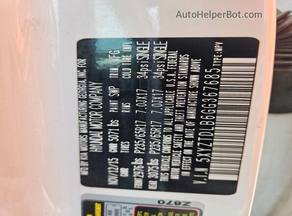 5XYZTDLB6GG367685 2016 HYUNDAI SANTA White Панорамний вид салону 360°