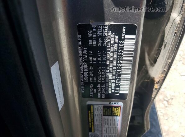 5XYZTDLB8GG322103 2016 HYUNDAI SANTA Gray VIN sticker view
