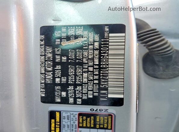 5XYZTDLB8HG430111 2017 HYUNDAI SANTA Silver VIN sticker view