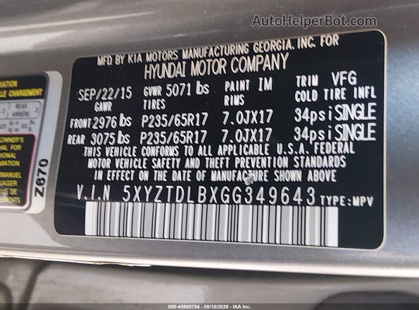 5XYZTDLBXGG349643 2016 HYUNDAI SANTA FE SPORT Brown Շարժիչի բաժամունքի տեսք