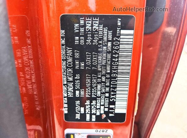 5XYZTDLBXHG442602 2017 HYUNDAI SANTA Оранжевый Вид наклейки с VIN-кодом