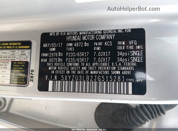 5XYZU3LB2JG515281 2018 HYUNDAI SANTA FE SPORT Silver Vista del compartimento del motor