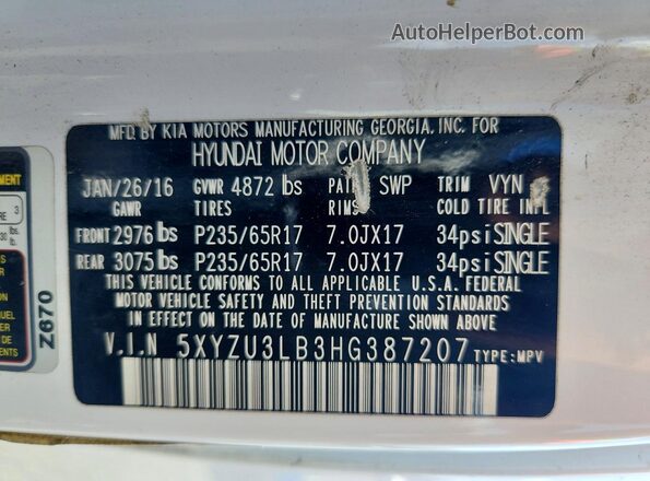 5XYZU3LB3HG387207 2017 HYUNDAI SANTA White Vista interior de 360 grados