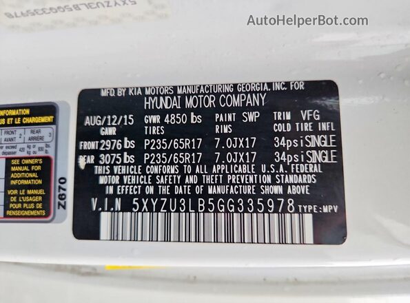 5XYZU3LB5GG335978 2016 HYUNDAI SANTA Белый Вид наклейки с VIN-кодом