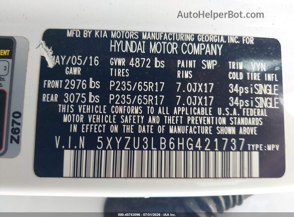 5XYZU3LB6HG421737 2017 HYUNDAI SANTA FE SPORT Белый Вид подкапотного пространства