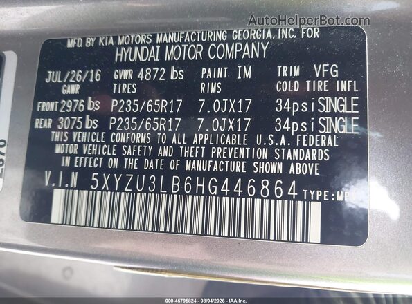 5XYZU3LB6HG446864 2017 HYUNDAI SANTA FE SPORT Gray Engine compartment view