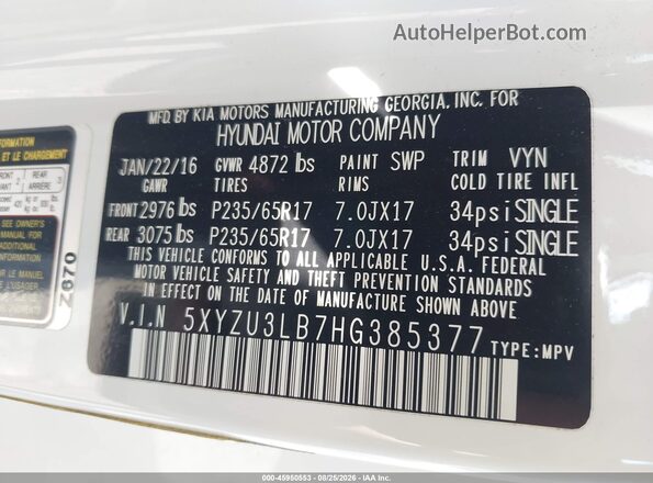 5XYZU3LB7HG385377 2017 HYUNDAI SANTA FE SPORT White Widok komory silnika