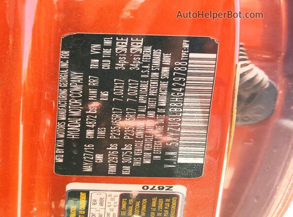 5XYZU3LB8HG429788 2017 HYUNDAI SANTA Orange Vista de la etiqueta del VIN