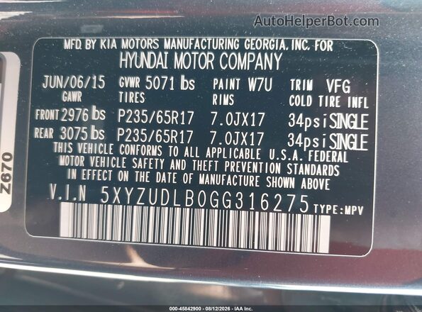 5XYZUDLB0GG316275 2016 HYUNDAI SANTA FE SPORT Gray Engine compartment view